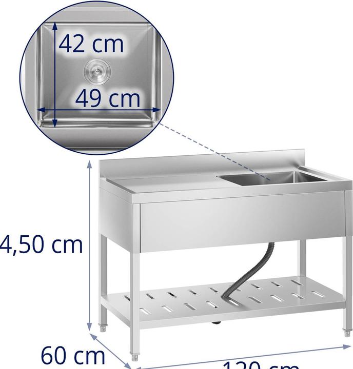 Produktbild Royal Catering Spültisch Spülbecken Edelstahlspüle Gastrospüle mit Regal Edelstahl 49x42x24,5cm (60 cm)