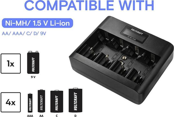 Produktbild Voltcraft VC-BC-5100 Rundzellen-Ladegerät NiMH, LiIon Mignon (AA), Micro (AAA) (1 Stk., 9V Block, AA, AAA)