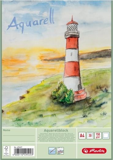 Herlitz Aquarell-Block, 210 x 298 mm, Inhalt: 20 Blatt 150 g-qm, weiss, rauh, Studienqualität (A4, Blanko, Harter Einband)