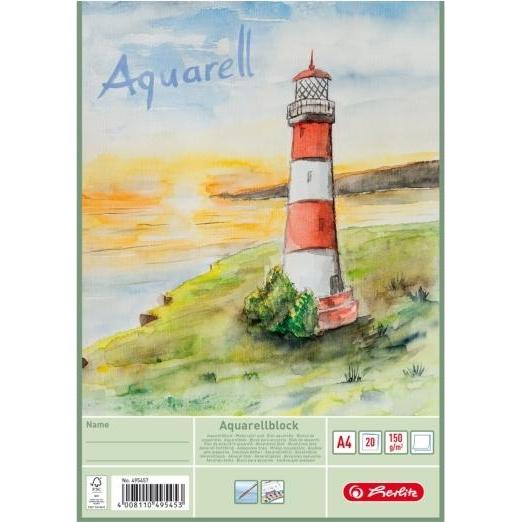 Herlitz Aquarell-Block, 210 x 298 mm, Inhalt: 20 Blatt 150 g-qm, weiss, rauh, Studienqualität (A4, Blanko, Harter Einband) (495457)
