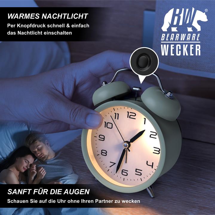 Produktbild Bearware Wecker analog, mit Licht, rund, Retro, lauter Glockenalarm, Beleuchtet, ohne Ticken, Vintage