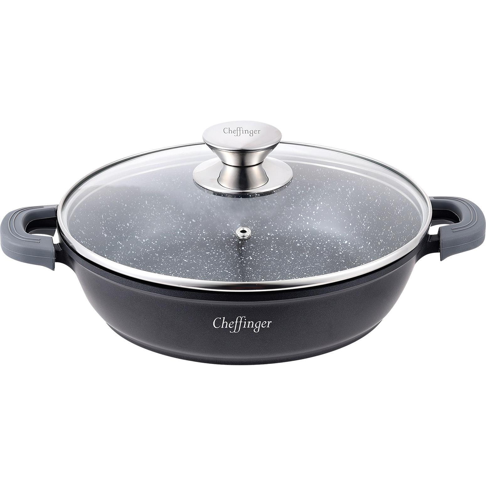Cheffinger Sauteuse 24 cm Marmorverkleidung mit Silikongriffen und Glasdeckel, Pfanne + Kochtopf, Transparent