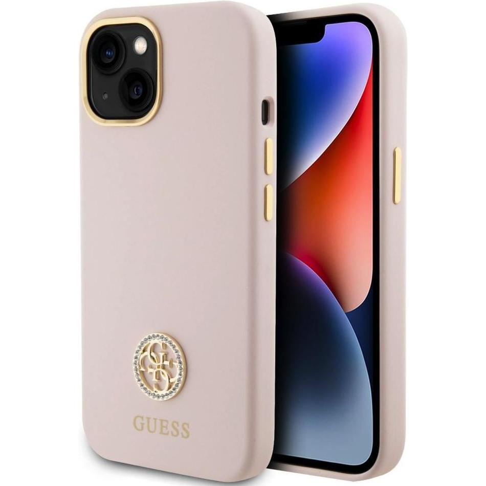 Guess GUHCP15SM4DGPP iPhone 15 6.1" jasnoróżowy/pink hardcase Silicone Logo Strass 4G (Apple iPhone 15), Smartphone Hüll...