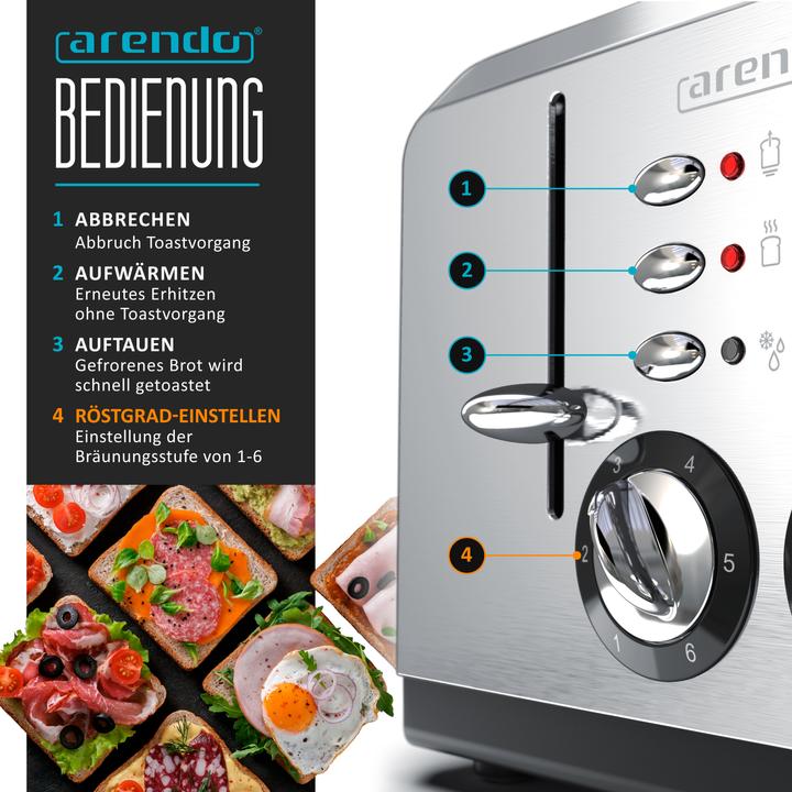 Produktbild Arendo Edelstahl Toaster 4 Scheiben, Automatik, Edelstahl, Wärmeisolierendes Doppelwandgehäuse, silber