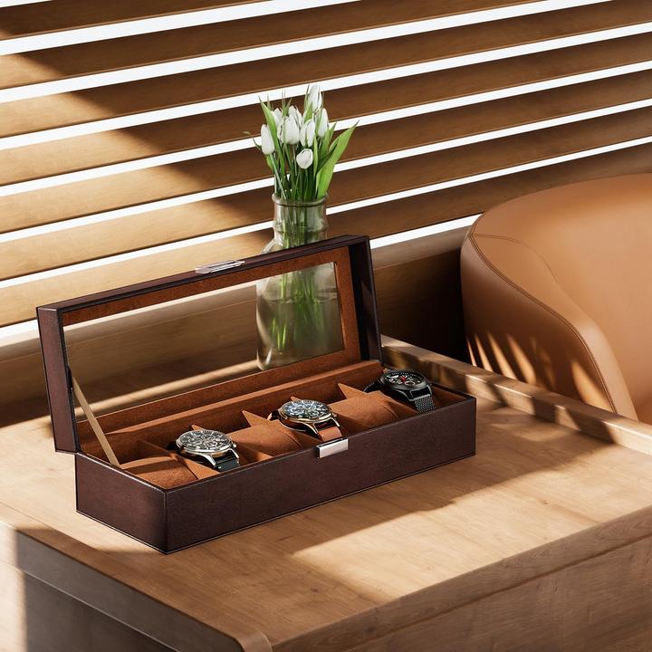 Produktbild Only-Bags.Store Uhrenbox mit 6 Fächern, Uhrenbox mit Glasdeckel, Uhrenkoffer mit Uhrenkissen, Uhrenaufbewahrung