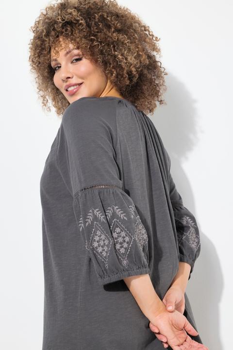 Produktbild Ulla Popken Jerseykleid, Stickerei, A-Linie, Tunika-Ausschnitt, 3/4-Arm (60)