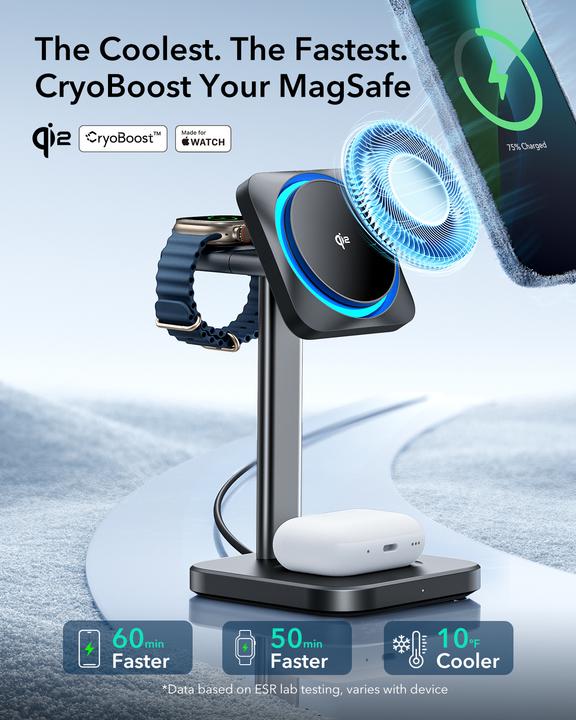 Produktbild ESR Wireless 3-in-1 charging station (HaloLock) Qi2 with CryoBoost (15 W)