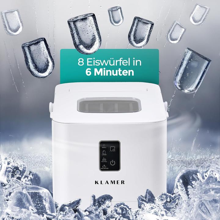 Produktbild KLAMER Eiswürfelmaschine klein (2025), 8 Eiswürfel in 8 Minuten, 11 kg Eiswürfel pro Tag, 2 Eis…