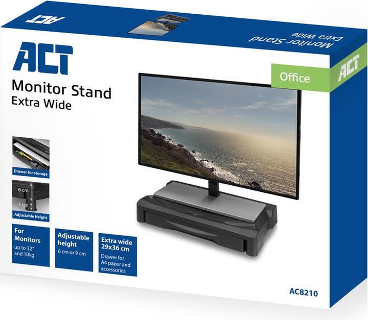 Produktbild ACT Monitor stand extra wide with drawer, up to 10kg, adjustable height, black
