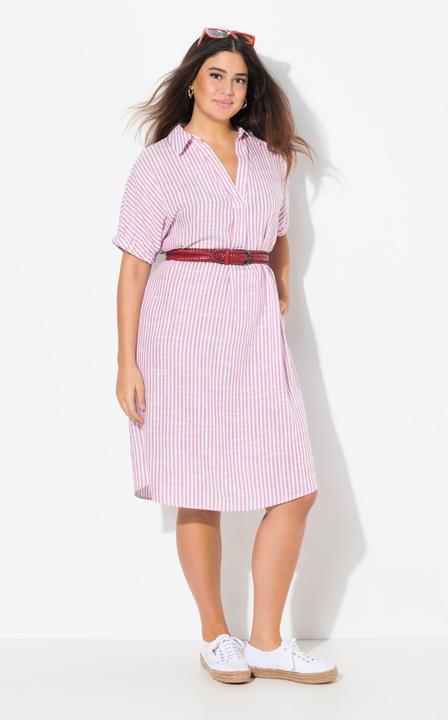 Actual product image Ulla Popken Coastal Striped Short Sleeve Collared Linen Blend Dress (50, 52)