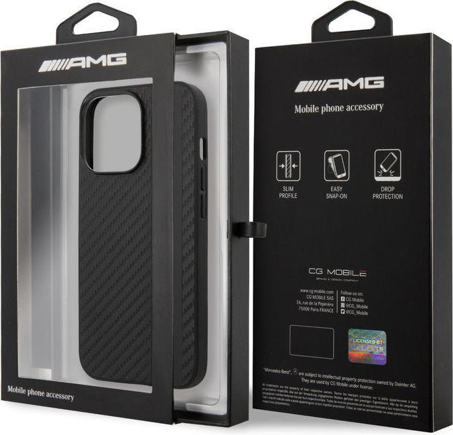 Immagine prodotto Mercedes-Benz Custodia PC/TPU con striscia in pelle grigia effetto carbonio e logo stampato a caldo (Apple iPhone 13 Pro Max)