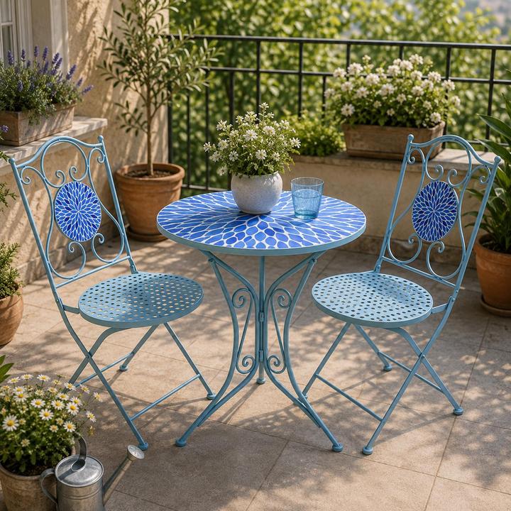 Produktbild HTI-Living Gartenstuhl 2er-Set Metall Blau mit Blütenmotiv