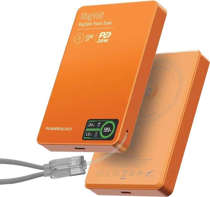 Actual product image Powerology Magvolt 10000 mAh Magsafe, Airpod, Watch mit Display Orange (10000 mAh, 20 W)