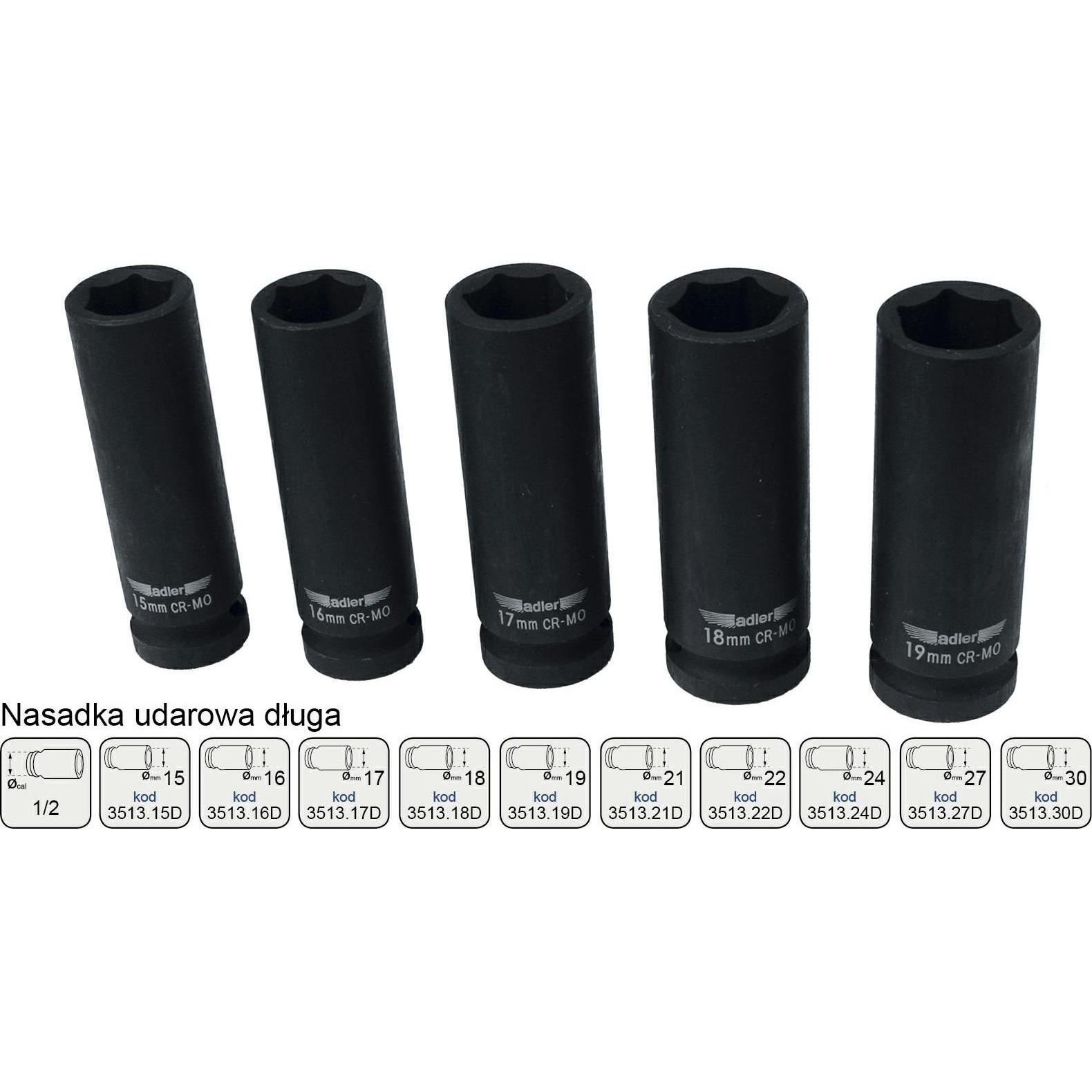 Adler, Chiave a bussola + esagonale, NASADKA UDAROWA DŁUGA 1/2" 16mm