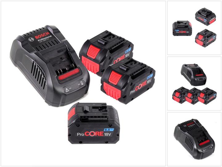 3x Bosch ProCORE 18 V 8,0 Ah Professionele Li-Ion accu GBA ( 1600A016GK ), 1x Bosch GAL 1880 CV snellader voor 14,4 V - 18 V Li-Ion ( 1600A00B8G )