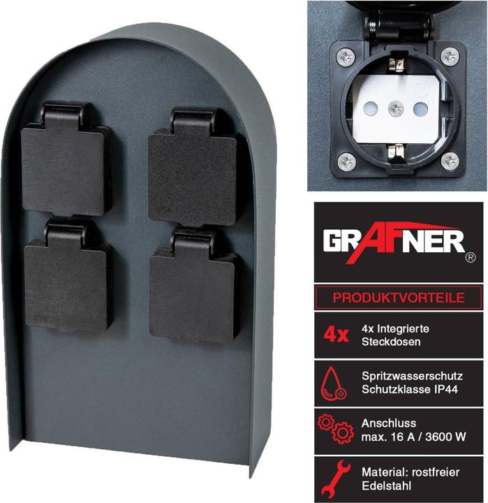 Image du produit Grafner Colonne de prises Noir avec 4 prises extérieures Acier inoxydable Prise de jardin Colonne d'énergie