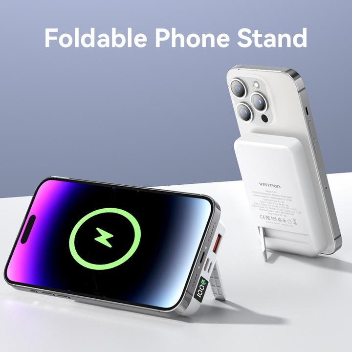 Produktbild Vention 10000mAh Magnetic Wireless Power Bank (USB-C + Lightning + USB-C + USB-A +Wireless) 22.5W White LED (10000 mAh, 22.50 W, 22.50 Wh)