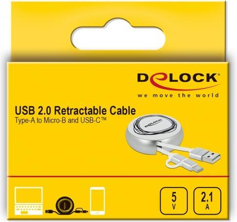 Actual product image Delock USB 2.0 cable USB-A - USB-C/MicroB car roll function, silver (0.92 m, USB 2.0)