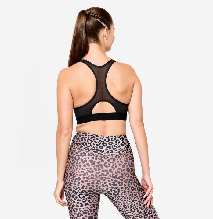 Produktbild Decathlon Sport-Bustier Damen Schwimmerrücken und Pads mittlerer Halt - schwarz/beige Leo (XL)