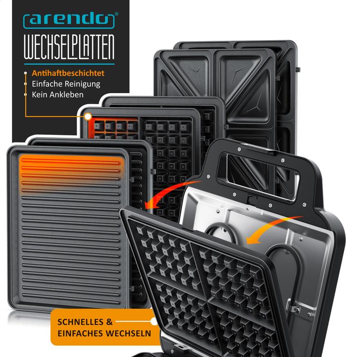 Image du produit Arendo 3-in-1-Sandwichmaker Waffeleisen & Kontaktgrill, abnehmbare Platten, 1400 W, Waffel & Grill, Panini