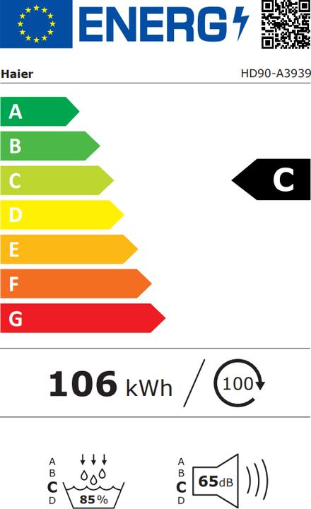 Energie-Label Haier HOOD HD90-A3939-S (9 kg, Rechts)
