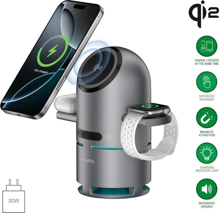 Actual product image 4smarts Wireless Charger 3-in-1 ChargeBot Sound Spacegrau (15 W)