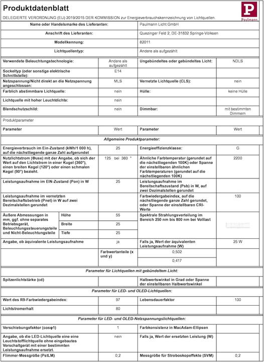 Nährwerte und Zutaten Paulmann Backofenlampe (E14, 25 W, 125 lm, 1 x, G)