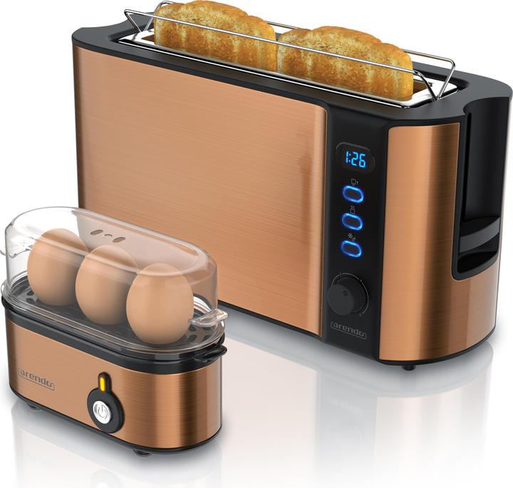 Actual product image Arendo Breakfast set, 2-slice long slot toaster with bread roll top & egg boiler for 3 eggs, copper