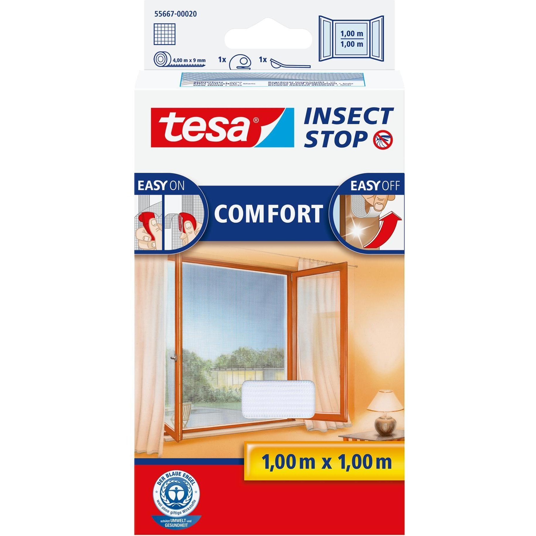 tesa, Fliegengitter, Insektenschutz COMFORT für Fenster, mit Klettband, selbstklebend, ohne Bohren (100 x 100 cm)