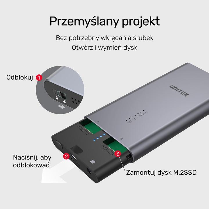 Immagine prodotto Unitek OBUDOWA NA DYSK/KLONOWANIE 2XM.2, PCIE/NVME (M.2, M.2 2242, M.2 2260, M.2 2280)