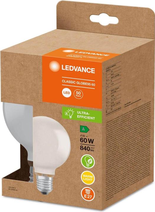 Produktbild Ledvance LED globe95 mat 840lm 4W/830 (60W) E27 energiklasse A (E27, 4 W, 840 lm, 1 x, A)