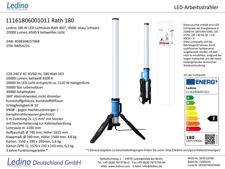 Energie-Label Ledino LED-Lichtsäule 180W vertikale Arbeitsleuchte 1m Rath, 20000lm, 360°, IP69K tageslichtweiss (20000 lm)