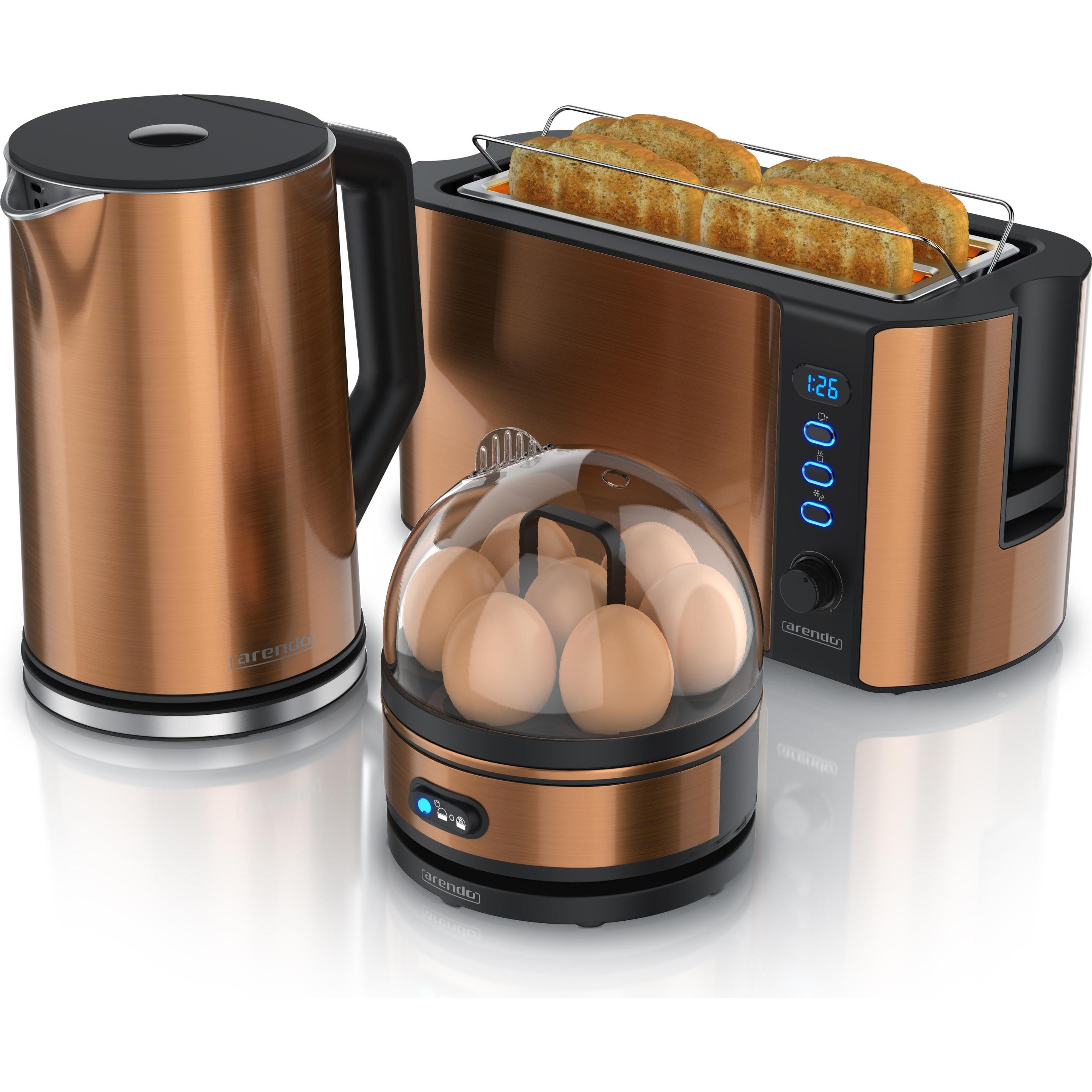 Arendo Frühstücks Set, Wasserkocher 1,5l Temperaturwahl, 4-Scheiben Toaster & Eierkocher für 7 Eier, Kupfer, Wasserkoche...