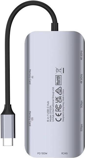 Actual product image Unitek AKTYWNY HUB USB-C 2X HDMI CZYTNIK SD 4K RJ-45 PD 100W 5 GBPS (USB-C, 8 ports)
