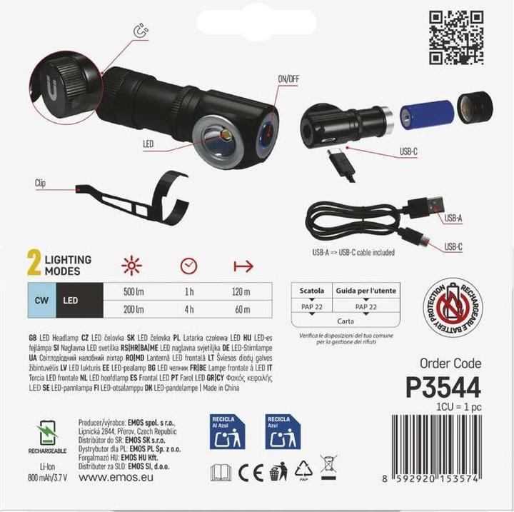 Actual product image Emos LED Rechargeable Headlamp, 500 lm, 120 m, Li-Ion 800 mAh (500 lm)