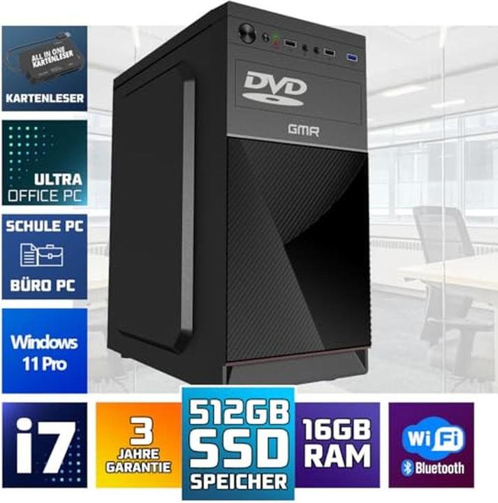 Productafbeelding GMR Intel i7 Business Office Multimedia PC mit 3 Jahren Garantie, 32 GB RAM, 1000 GB SSD, Windows 11 Pro (32.77 GB, 1000 GB)