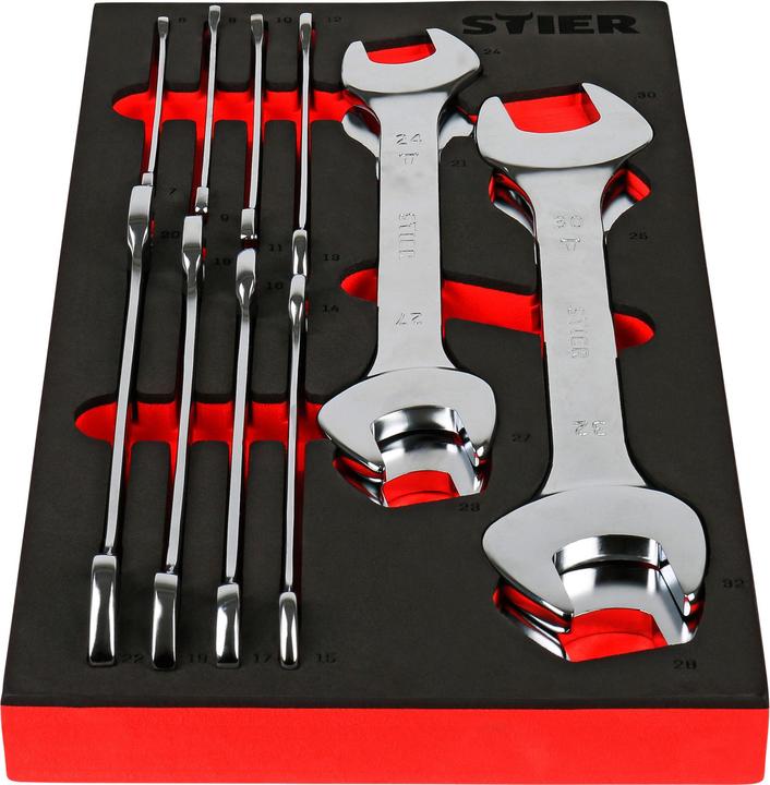 Actual product image Stier Double open-end spanner set SW 6 - 32 mm 12-piece set in soft foam insert (EVA) (10 mm, 11 mm, 12 mm, 13 mm, 14 mm, 15 mm, 16 mm, 17 mm, 18 mm, 19 mm, 20 mm, 21 mm, 22 mm, 23 mm, 24 mm, 25 mm, 27 mm, 28 mm, 30 mm, 32 mm, 6 mm, 7 mm, 8 mm, 9 mm)