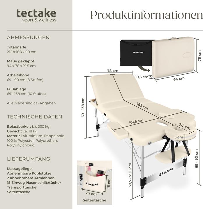 Immagine prodotto tectake lettino da massaggio a 3 zone in alluminio, 5 cm di imbottitura + borsa
