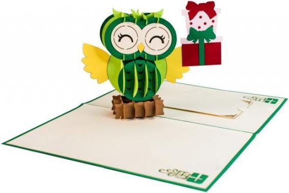 Produktbild Hervorragend 3D Pop-up Karte Eule mit Paket Happy Birthday grün (1 Stk.)