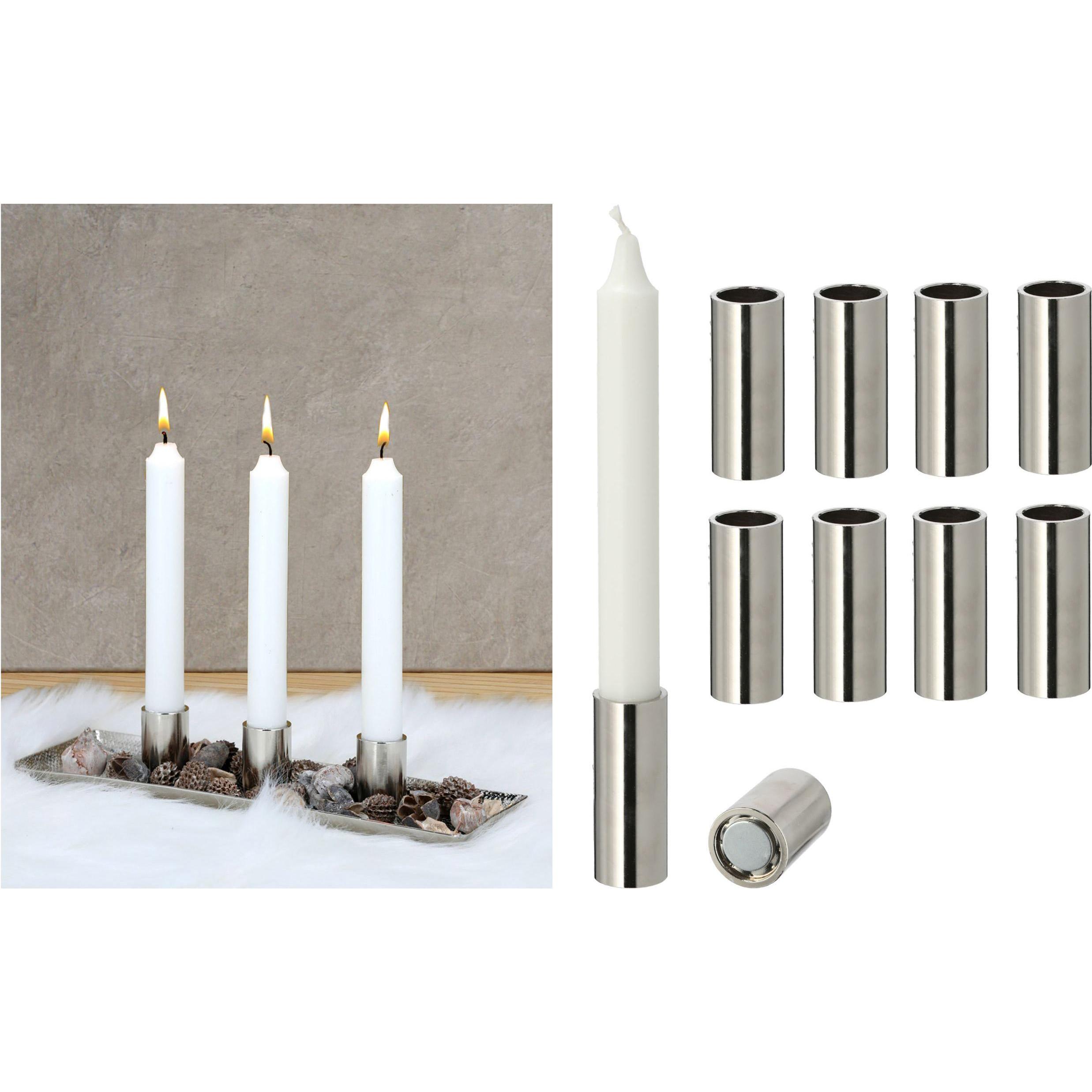 Thumbnail - Novaliv, Kerzenständer, 8x Kerzenhalter für Stabkerzen magentisch SILBER 2,5x7,5cm Tischdekoration Kerzentülle