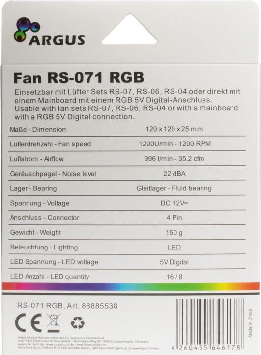 Immagine prodotto Intertech Inter-Tech RS-071 RGB Computer Case Fan 12 cm Nero (120 mm, 1x)