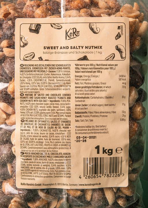Valori nutrizionali e ingredienti KoRo Nutmix "Dolce e salato" 1 kg (1000 g)