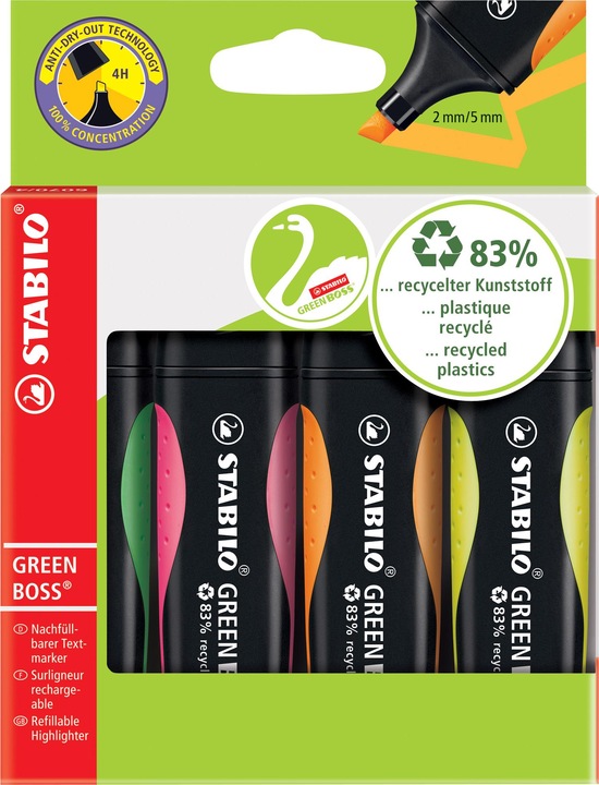 Produktbild STABILO GREEN BOSS Textmarker (Pink, Gelb, Grün, Orange, 5 mm, 4 x)