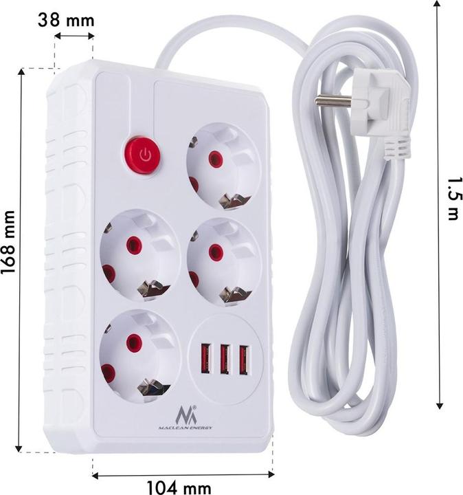 Actual product image Maclean Multiple socket outlet, extension cable with 4 sockets + 3 USB ports (4x, USB-A, 1.50 m)