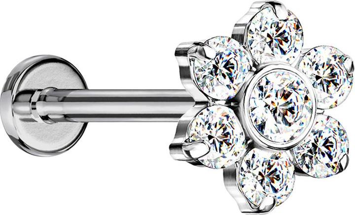 Image du produit Star Piercing Micro Threadless Labret argenté fleur cristaux argentés (sans laiton, Titane)