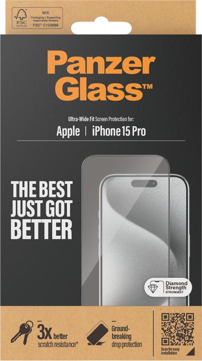 Immagine prodotto PanzerGlass Pellicola protettiva iPhone 2023 6.1 Pro Ultra-Wide Fit (1 pz., Apple iPhone 15 Pro)