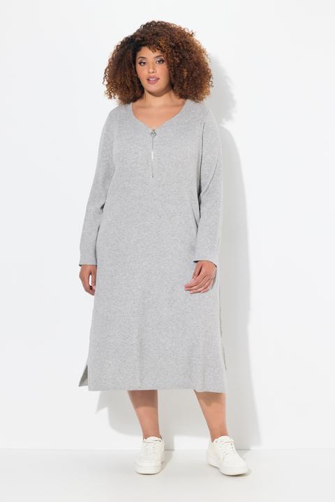 Produktbild Ulla Popken Rippjersey-Midikleid, Zipper, A-Linie, V-Ausschnitt, Langarm (42, 44)