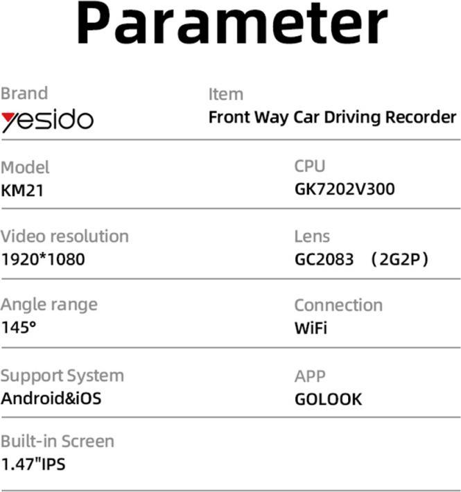 Nutritional values and ingredients Yesido - Dash Camera (KM21) - Full HD 1080p, 145° Angle Range, 1.47" IPS Built-in Screen - Black (Built-in display, Full HD)