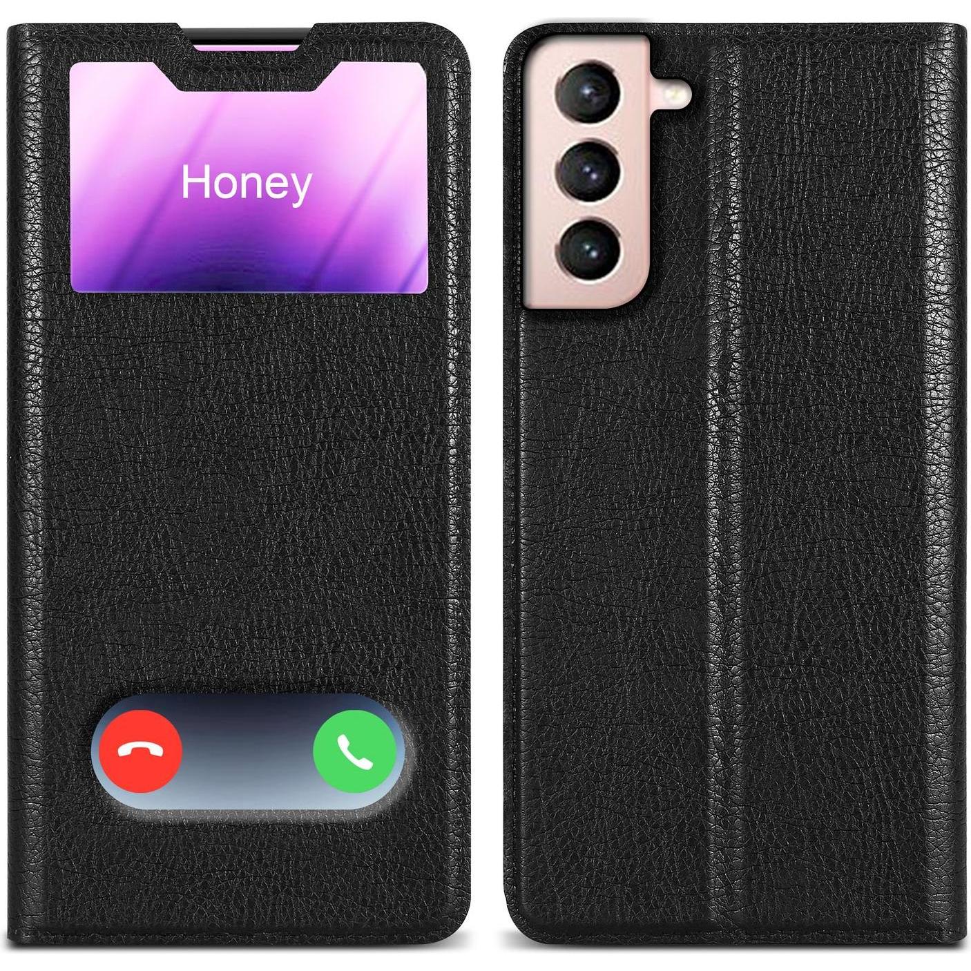 Cadorabo Book Hülle mit Doppelfenster für Samsung Galaxy S21 5G (Samsung Galaxy S21 5G), Smartphone Hülle, Schwarz