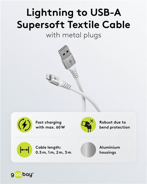 Actual product image Goobay Lightning USB-A Supersoft textile cable with metal plugs, 3 m (3 m, USB 2.0, 60 W)